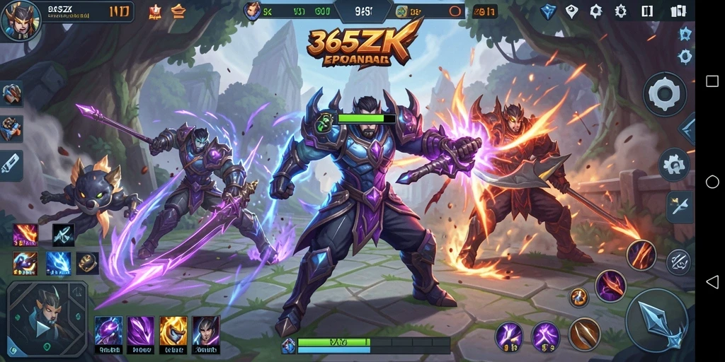Menggambarkan aksi pertarungan epik dalam 365ZK di arena MOBA.