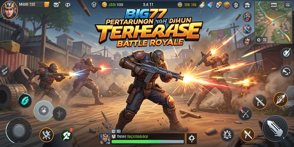 Tangkapan layar utama BIG77 menampilkan pertempuran intens Battle Royale.
