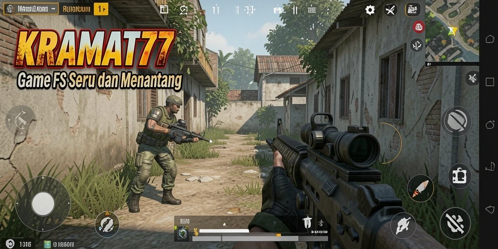 Screenshot gameplay KRAMAT77 menampilkan aksi tembak-menembak yang intens.